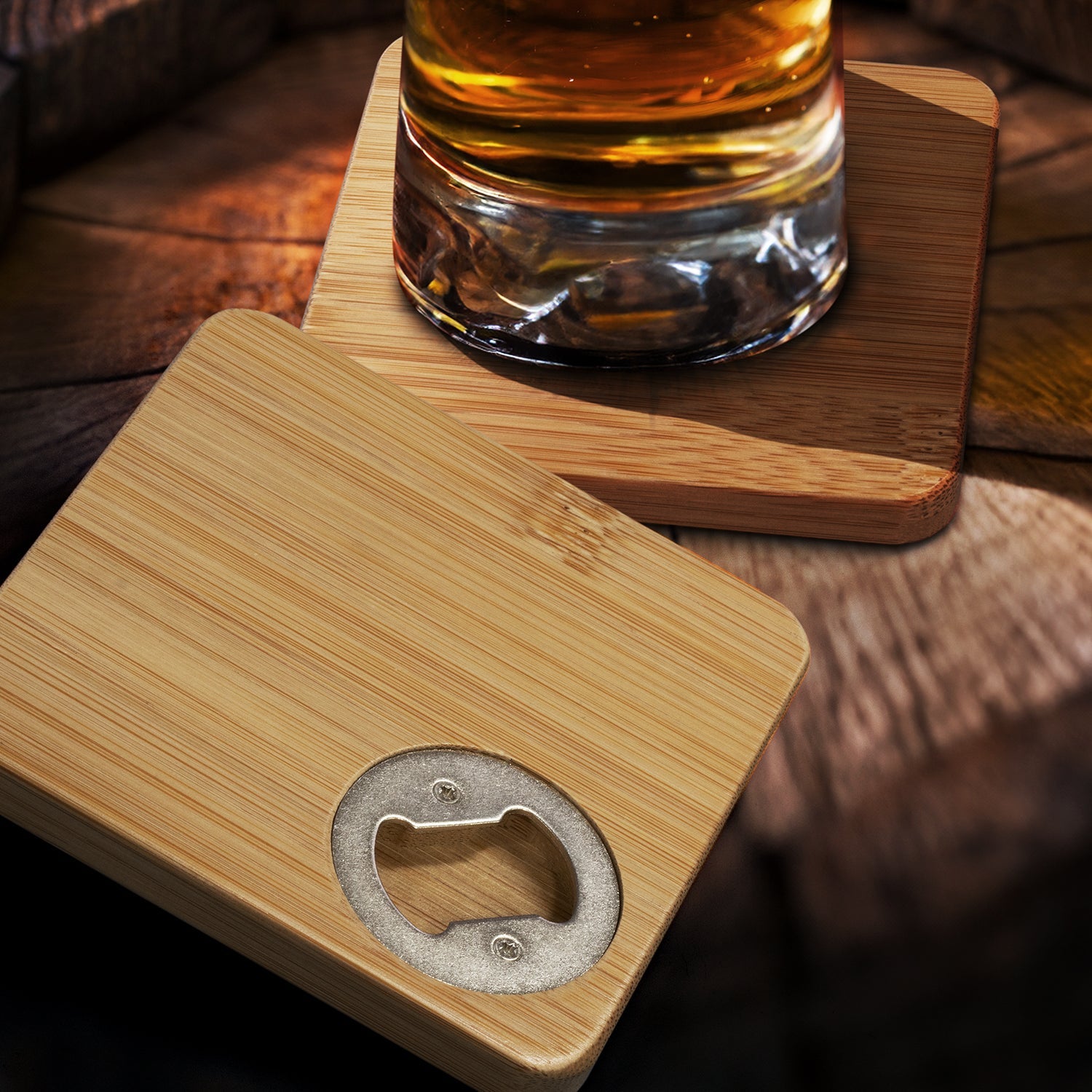 Bamboo Bottle Opener Coaster - Set of 2 - Square (4)