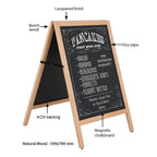 Beech wood blackboard A-frame with a hand lettered pancake menu, labelled with its materials and 590 by 780mm size