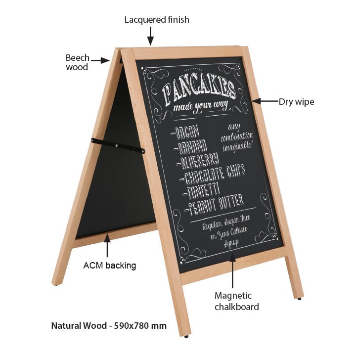 Beech wood blackboard A-frame with a hand lettered pancake menu, labelled with its materials and 590 by 780mm size