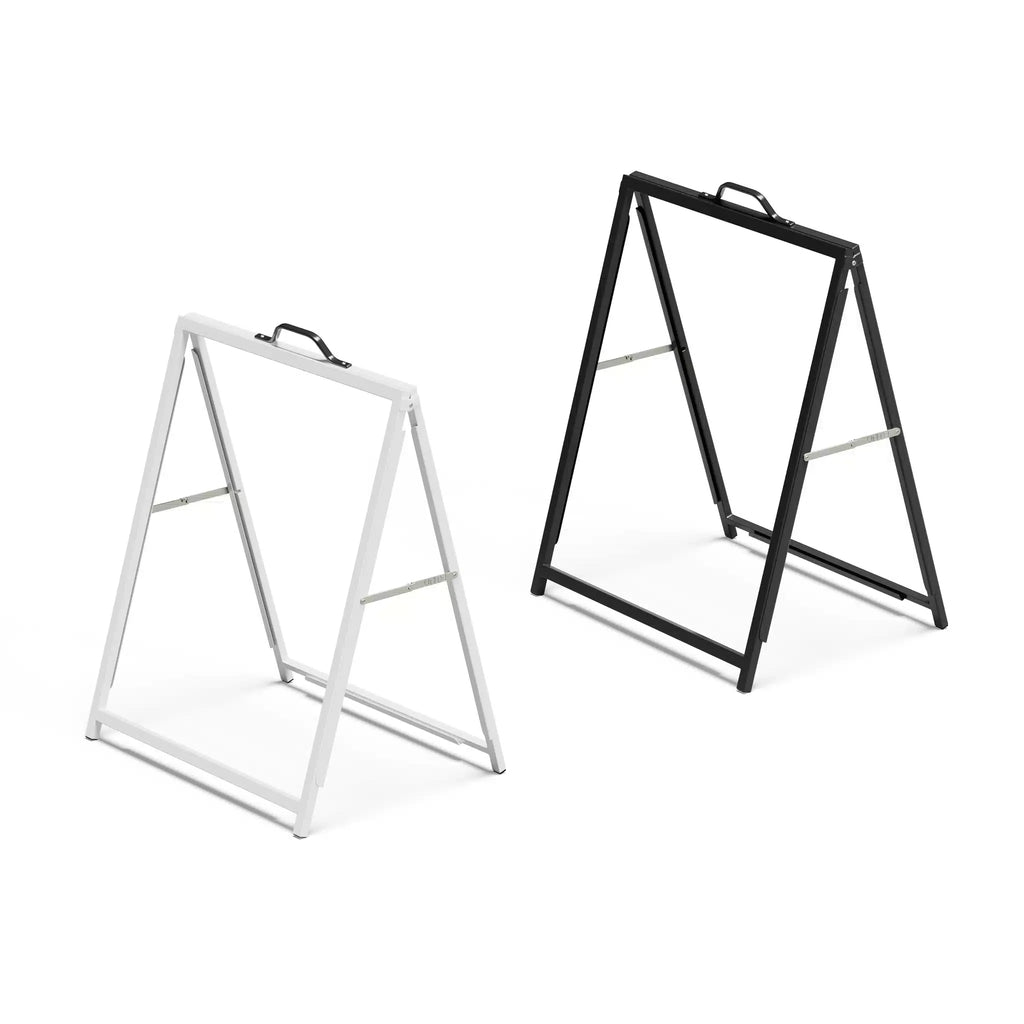 Two empty insertable A-frame sign holders, one white and one black, shown side by side