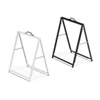 Two empty insertable A-frame sign holders, one white and one black, shown side by side