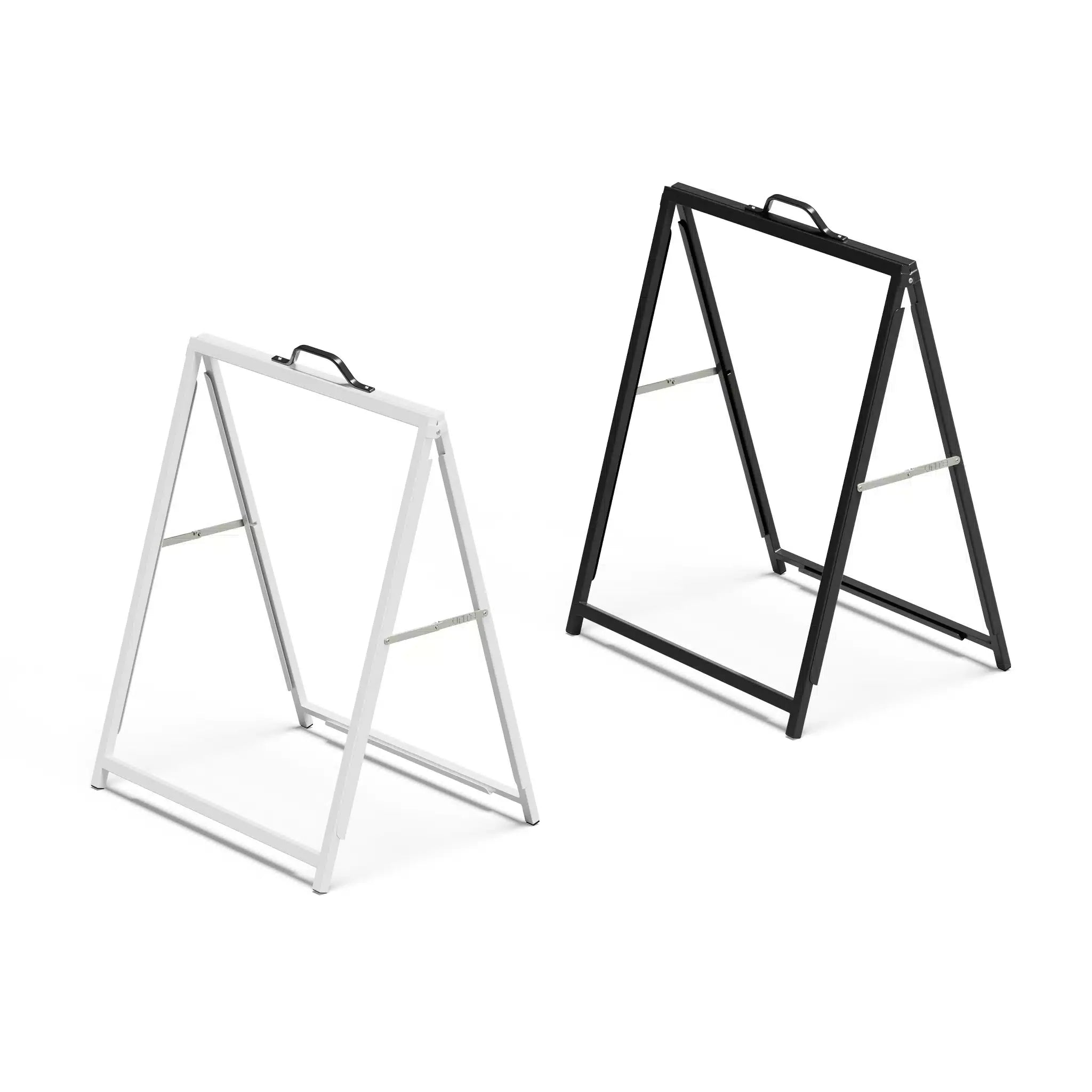 Two empty 900 by 1200mm insertable A-frame sign holders, one white and one black