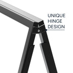 Close up of the folding hinge at the top of a black insertable A-frame sign
