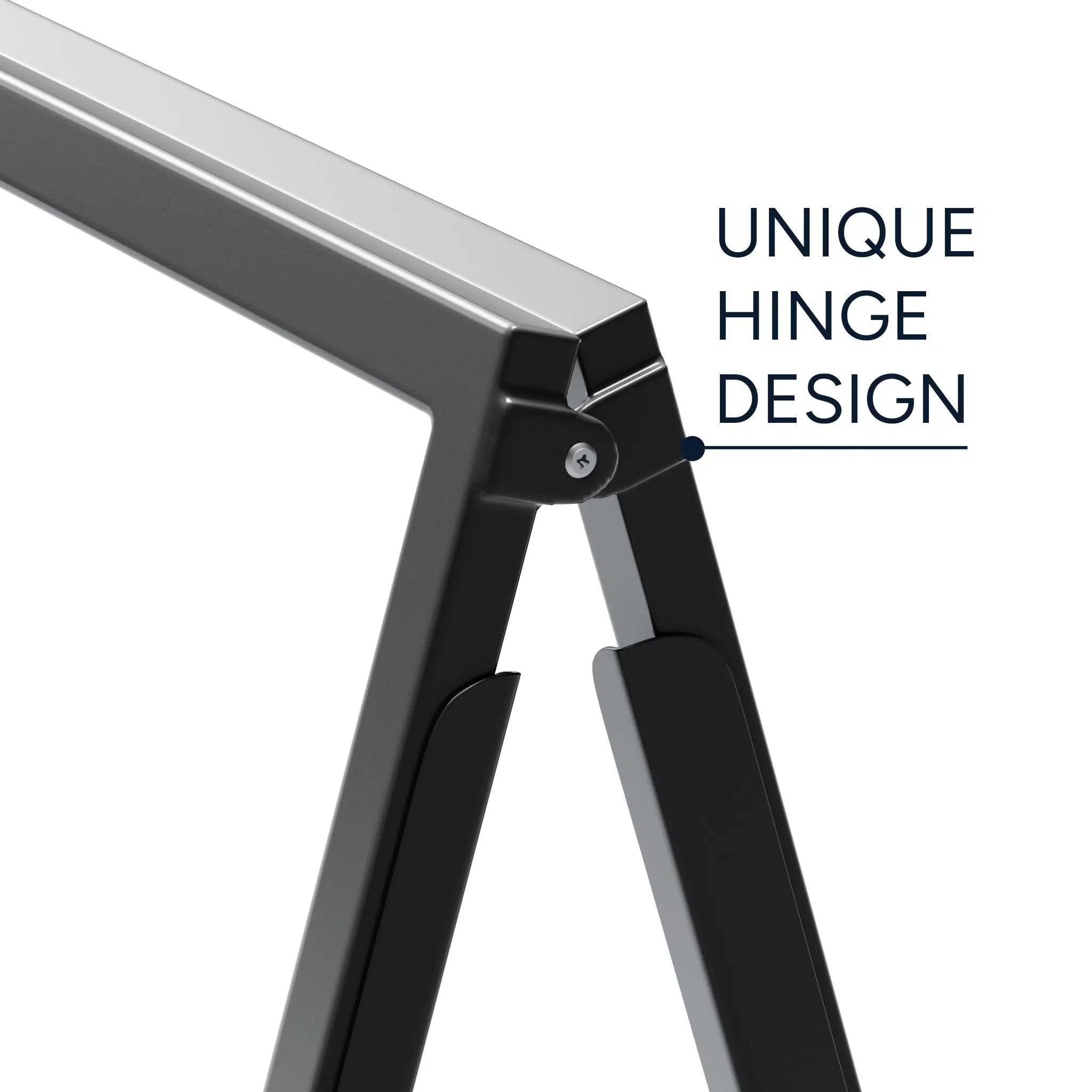 Close up of the folding hinge at the top of a black insertable A-frame sign