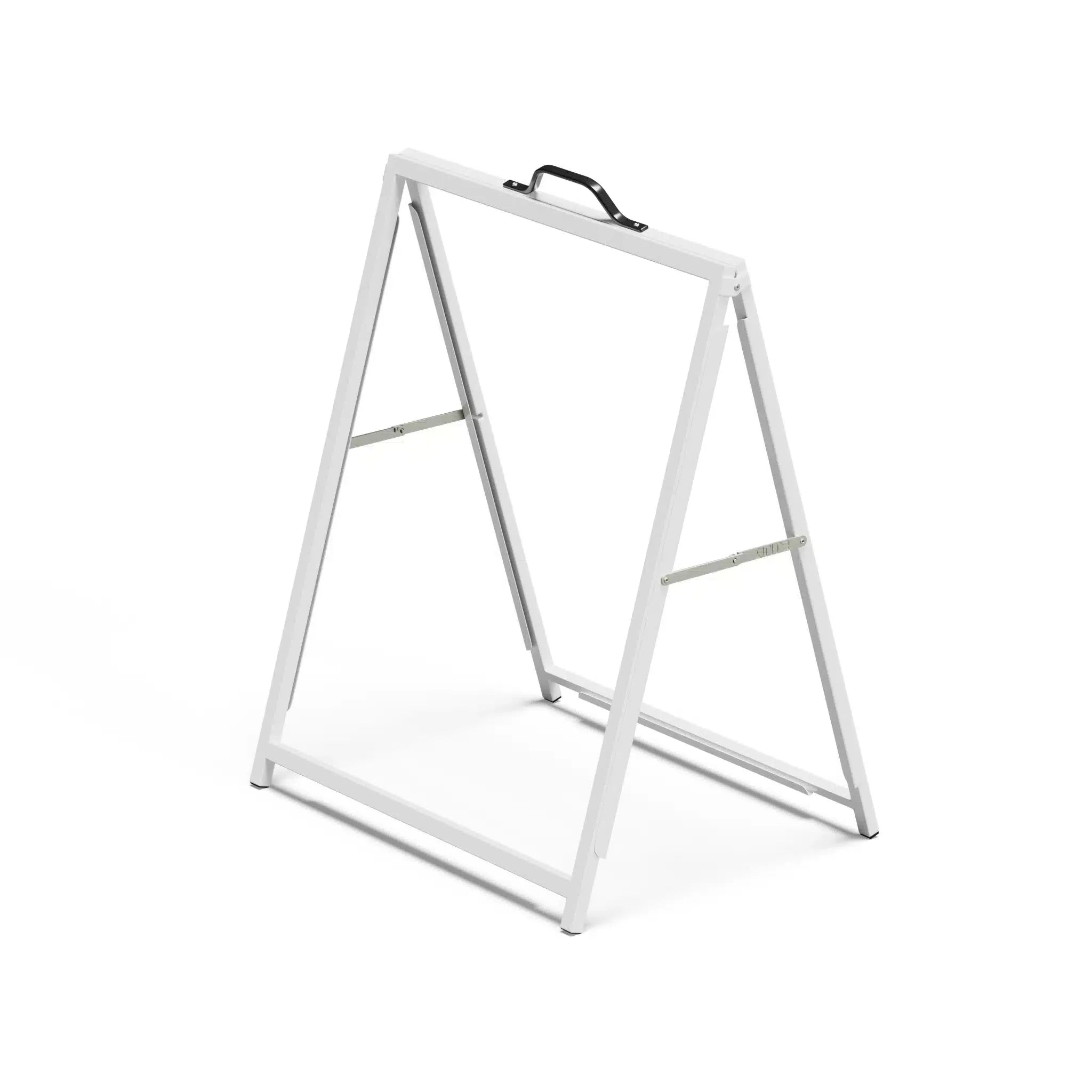 White insertable A-frame sign frame with a black carry handle and folding legs