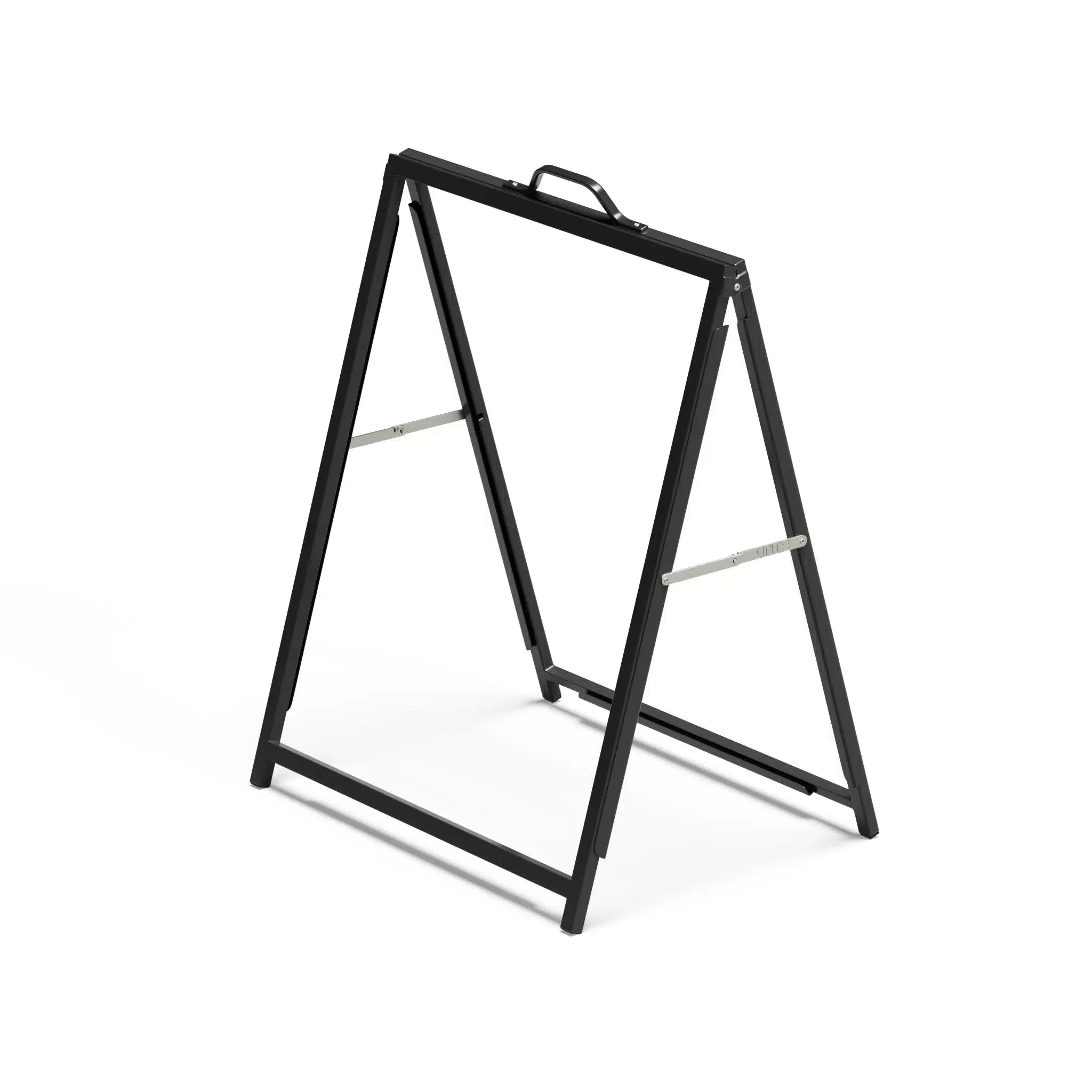 Black insertable A-frame sign frame with folding legs, carry handle and cross braces