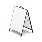 Black metal faced A-frame sign with blank white panels and a carry handle on the top rail