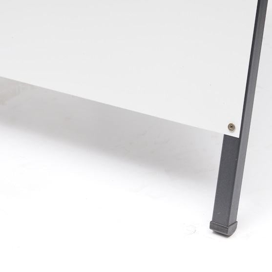 Close up of the base of a metal faced A-frame, showing the powder coated leg and rubber foot