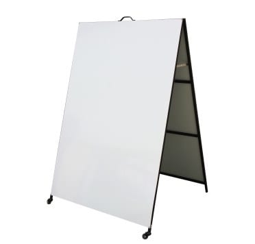 Large metal faced A-frame sign on castor wheels with blank white panels and a black frame
