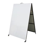 Large metal faced A-frame sign on castor wheels with blank white panels and a black frame
