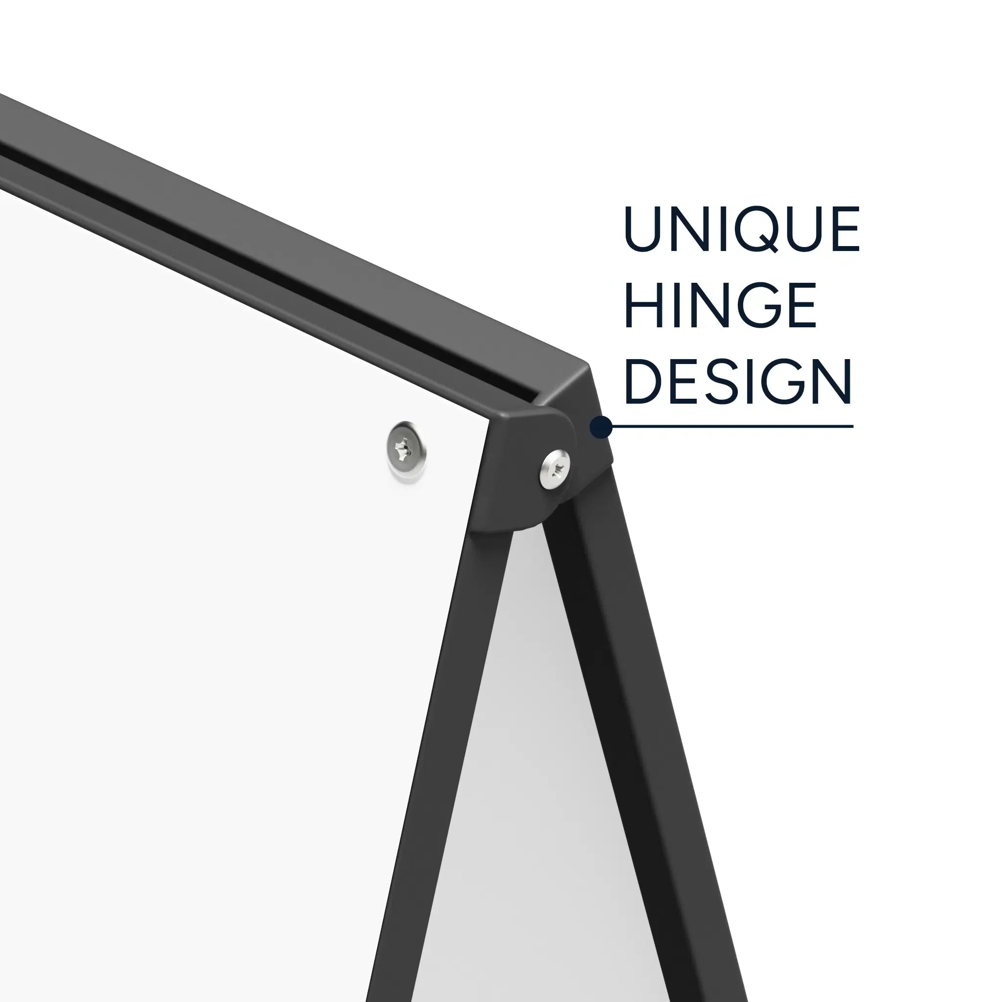 Close up of the corner hinge on a black metal faced A-frame sign