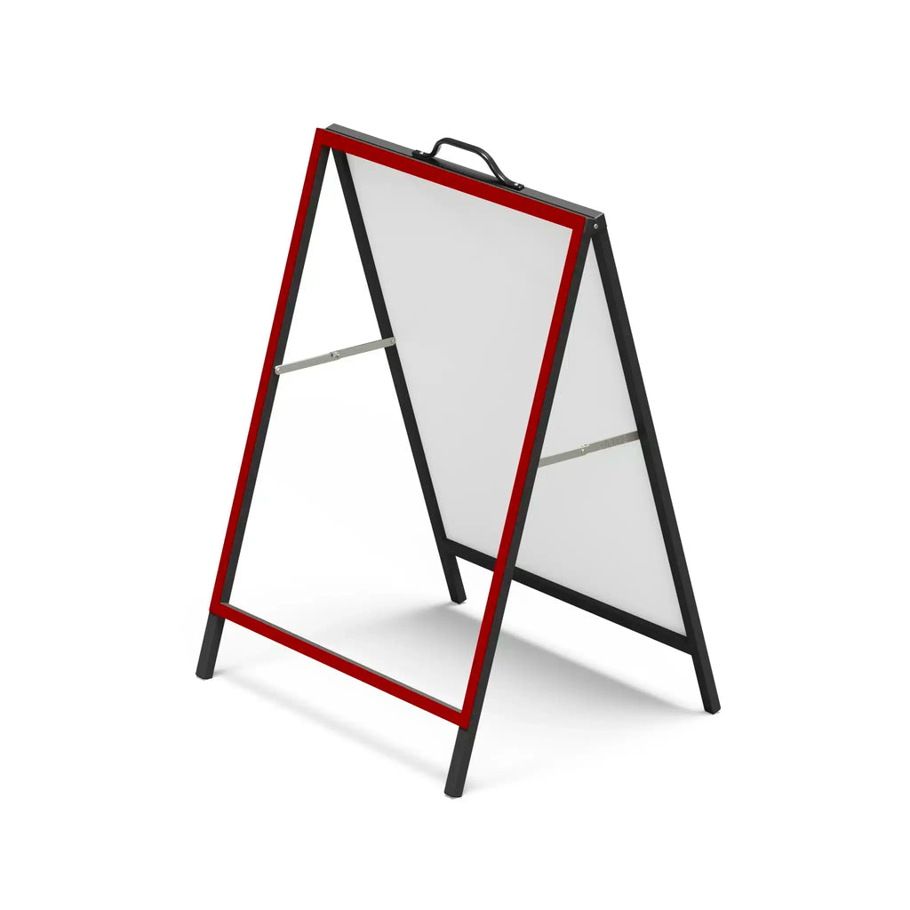 Metal faced A-frame with a red snap frame surround holding a clear poster cover