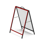 Metal faced A-frame with a red snap frame surround holding a clear poster cover