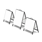 Three black metal faced A-frame signs with blank white panels, shown in a row