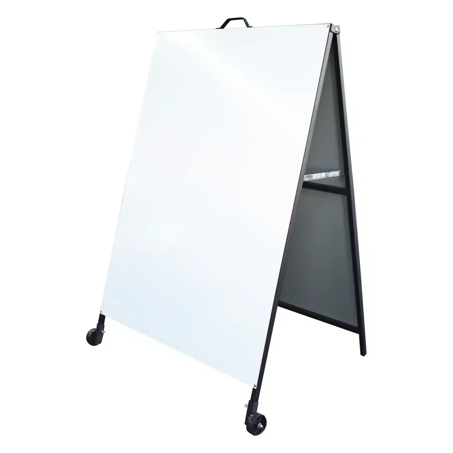 Metal faced A-frame sign with blank white panels, black frame and castor wheels for moving it