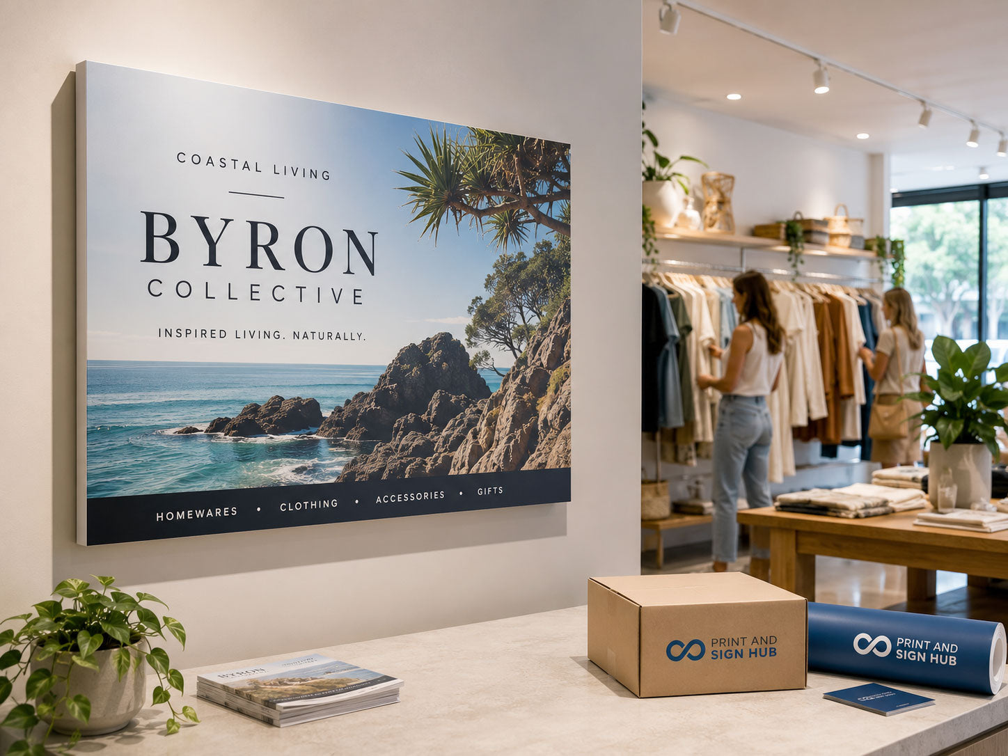 Large printed foam PVC wall panel showing a coastal scene, mounted in a clothing boutique