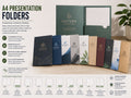 Ten A4 presentation folder styles fanned out in navy, green, kraft and white, with a dark green folder open to show the business card slot