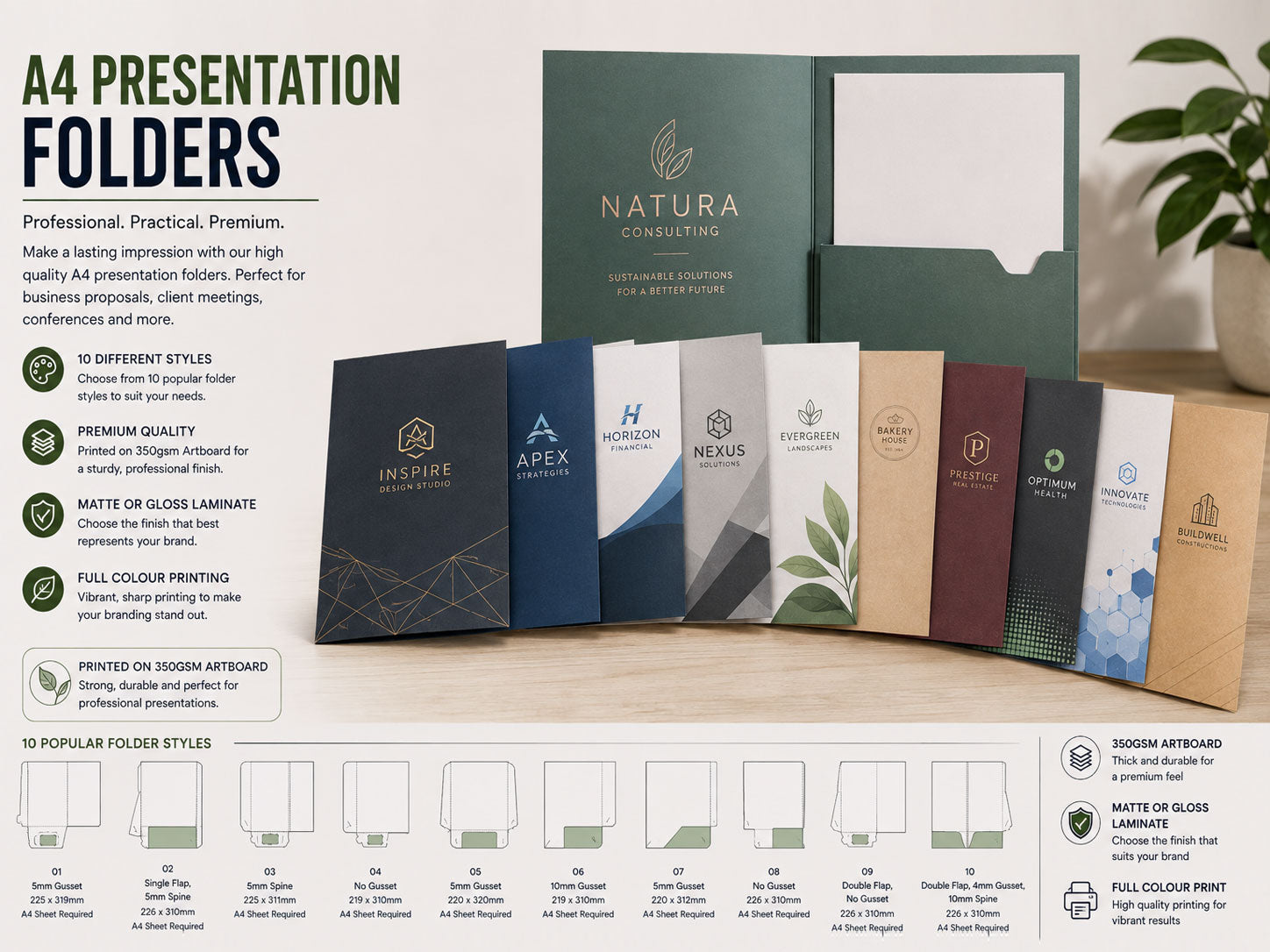 Ten A4 presentation folder styles fanned out in navy, green, kraft and white, with a dark green folder open to show the business card slot