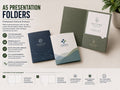 Two A5 presentation folder styles in navy and white beside a dark green folder open to show the business card slot