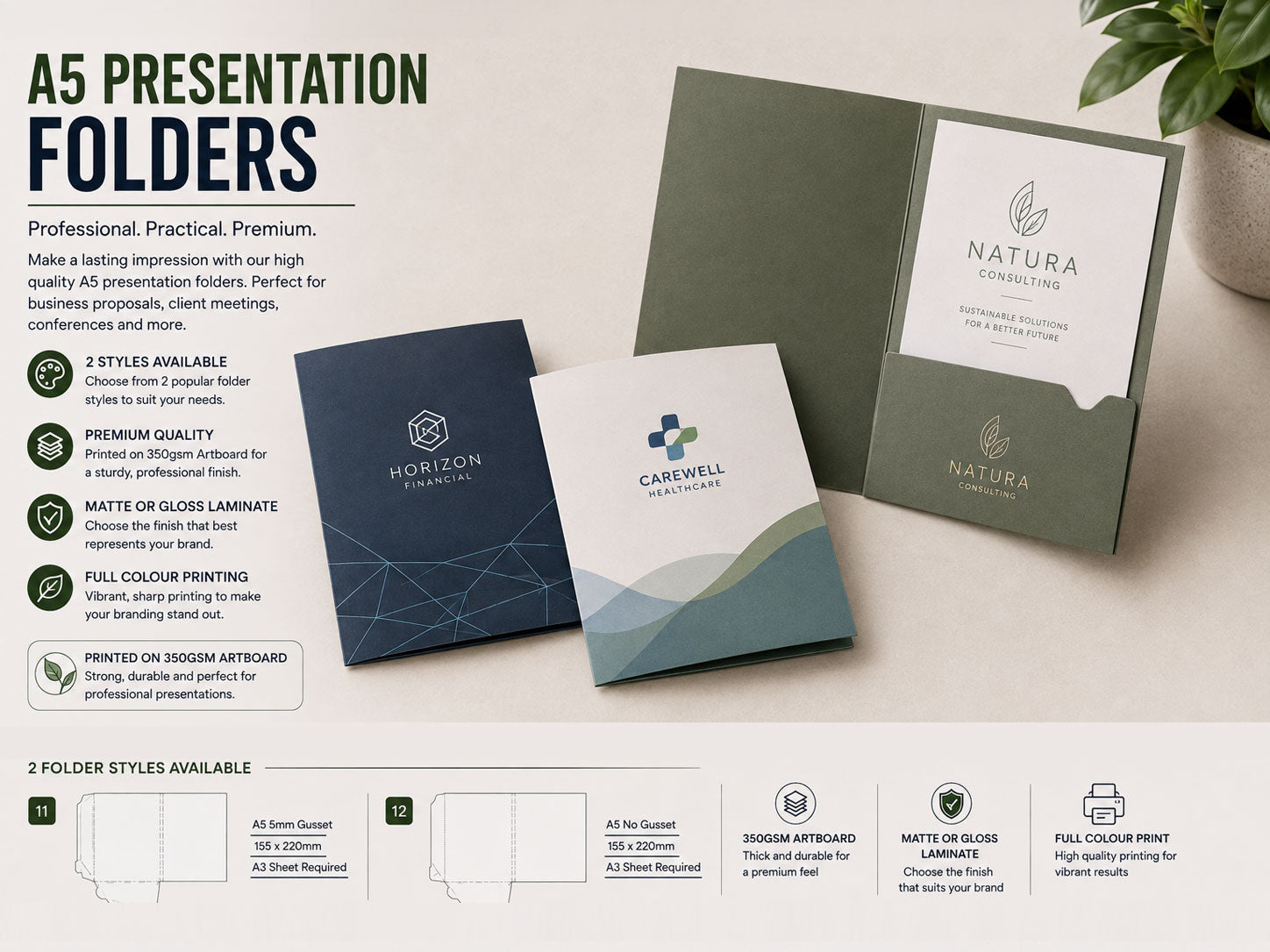 Two A5 presentation folder styles in navy and white beside a dark green folder open to show the business card slot