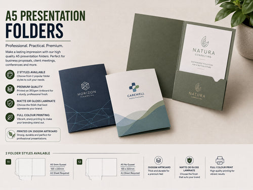 Two A5 presentation folder styles in navy and white beside a dark green folder open to show the business card slot