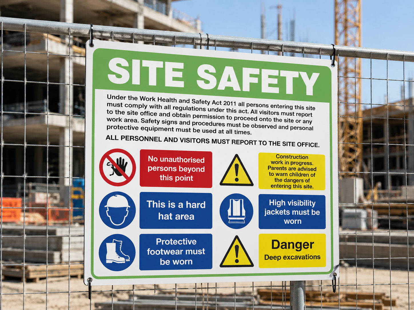 Site safety sign cable tied to construction fencing, listing site rules and safety symbols