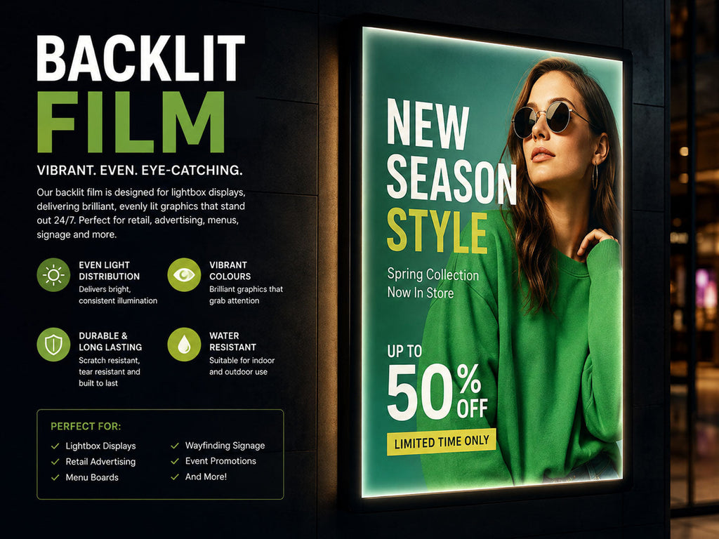 Backlit film poster glowing in an illuminated lightbox display showing a retail fashion campaign at night