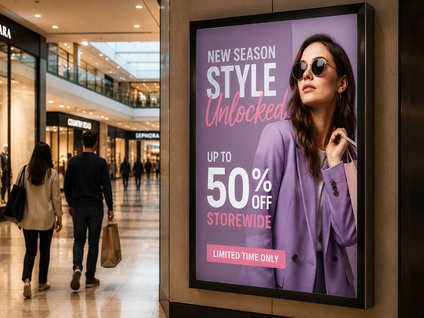 Illuminated backlit poster in a shopping centre advertising a storewide fashion sale