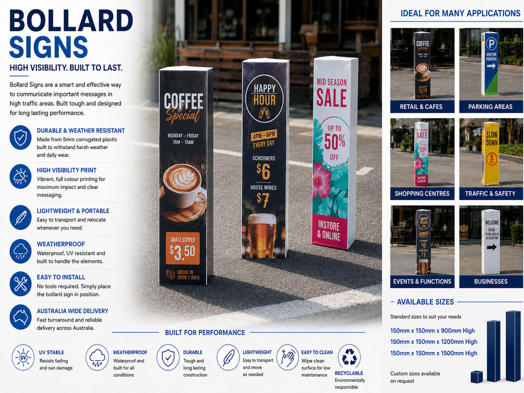 Printed bollard signs shown in a car park with features and available sizes listed alongside