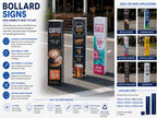 Printed bollard signs shown in a car park with features and available sizes listed alongside