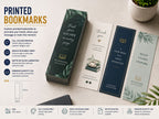 Printed bookmarks in green, navy and cream fanned across a desk beside a stack of matching bookmarks