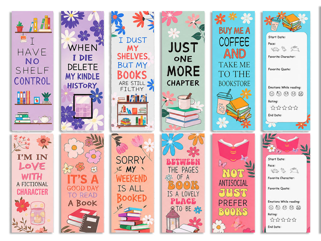Twelve book-themed bookmarks in pastel florals with reading slogans, including two with a reading log to fill in