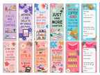 Twelve book-themed bookmarks in pastel florals with reading slogans, including two with a reading log to fill in