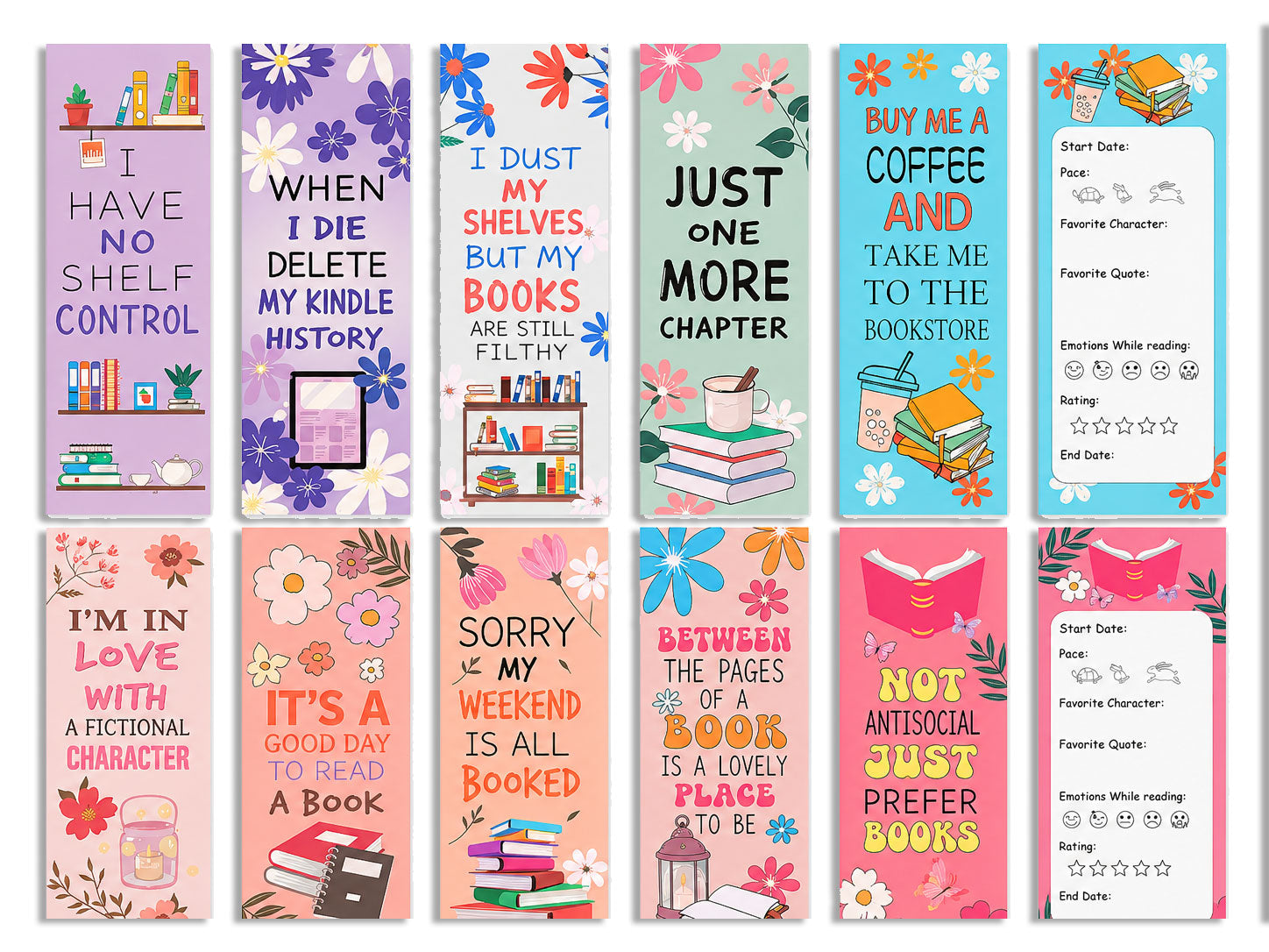 Twelve book-themed bookmarks in pastel florals with reading slogans, including two with a reading log to fill in