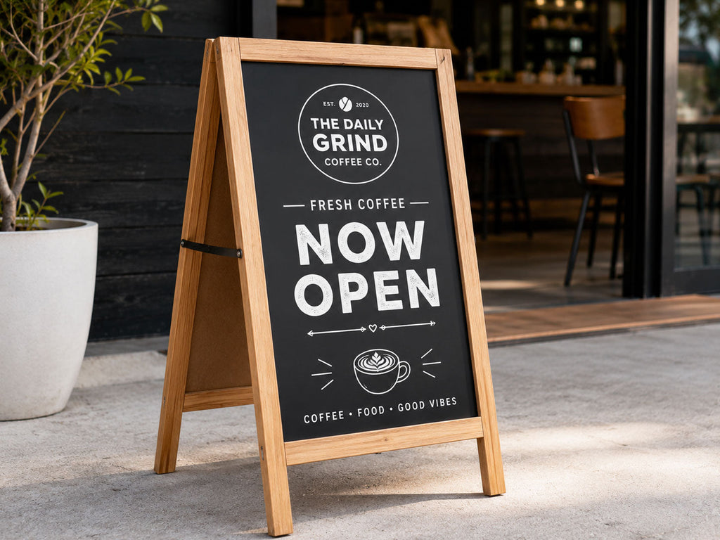 Timber framed blackboard A-frame sign on a footpath outside a cafe, hand lettered with Now Open