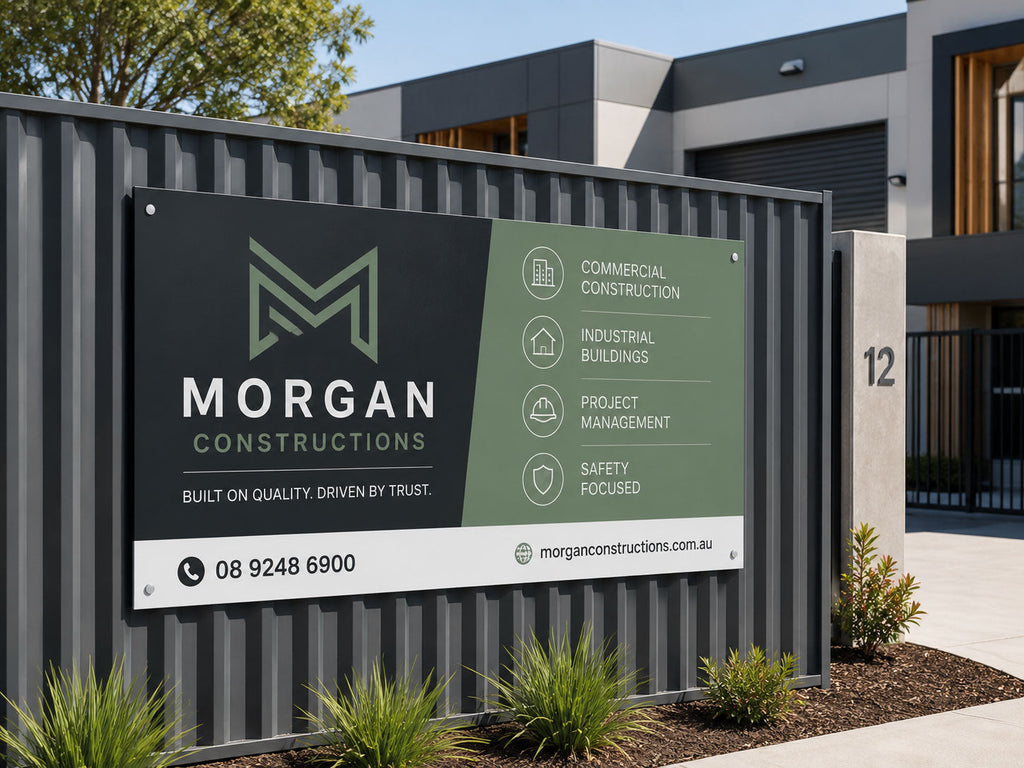 Colorbond steel sign for a construction company mounted on a dark fence outside a modern office