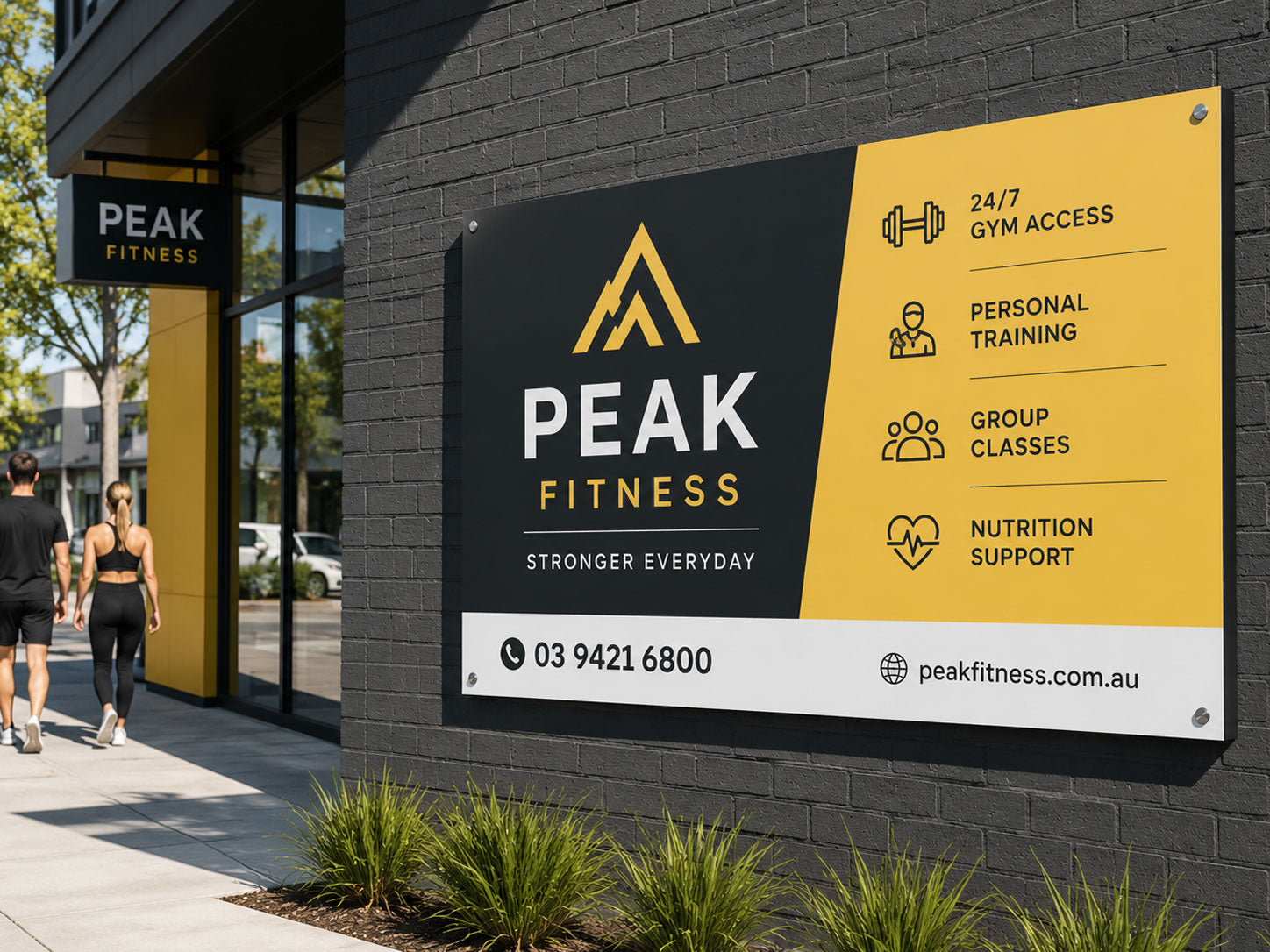 Colorbond steel sign for a gym mounted on a dark brick wall beside the entrance