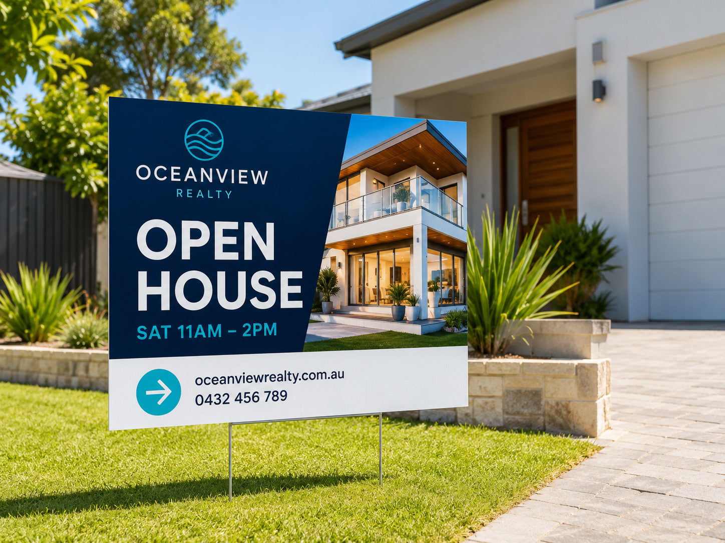 Real estate open house corflute sign on wire stakes in the front lawn of a modern house