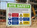 Printed corflute site safety sign fixed to mesh fencing on a building site