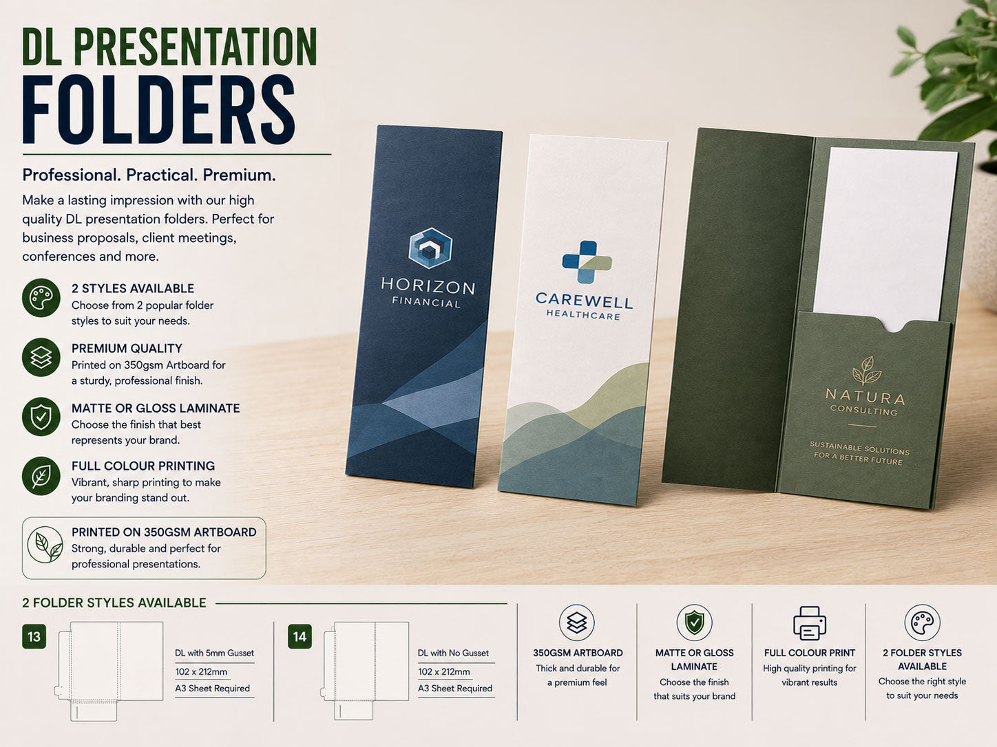 Three DL presentation folders in navy, white and dark green standing upright on a desk, one open to show the pocket