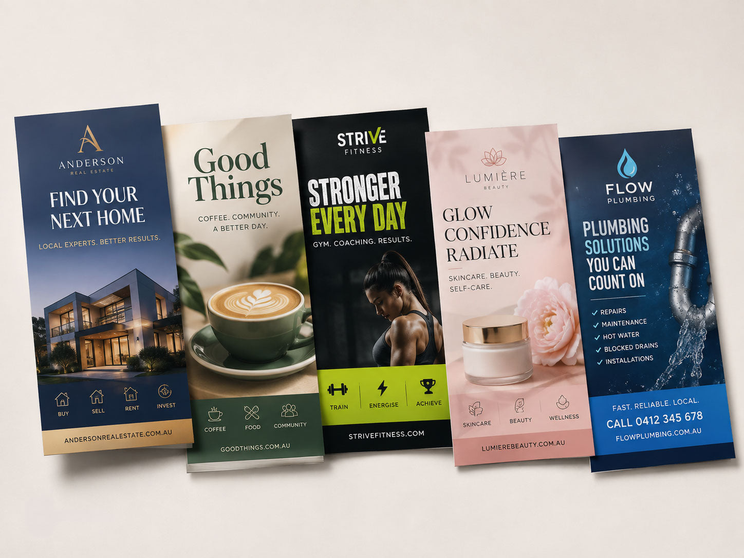 Five DL flyers fanned out for a real estate agency, cafe, gym, beauty brand and plumbing business