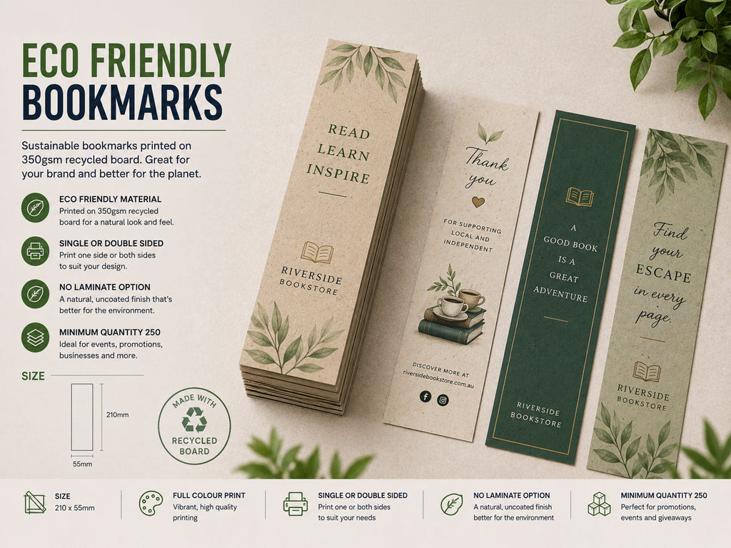 Eco friendly bookmarks printed on recycled kraft and dark green board, fanned out beside a stack with leaf artwork