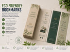 Eco friendly bookmarks printed on recycled kraft and dark green board, fanned out beside a stack with leaf artwork