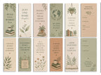 Twelve eco friendly bookmark designs in muted greens and neutrals, printed on recycled board