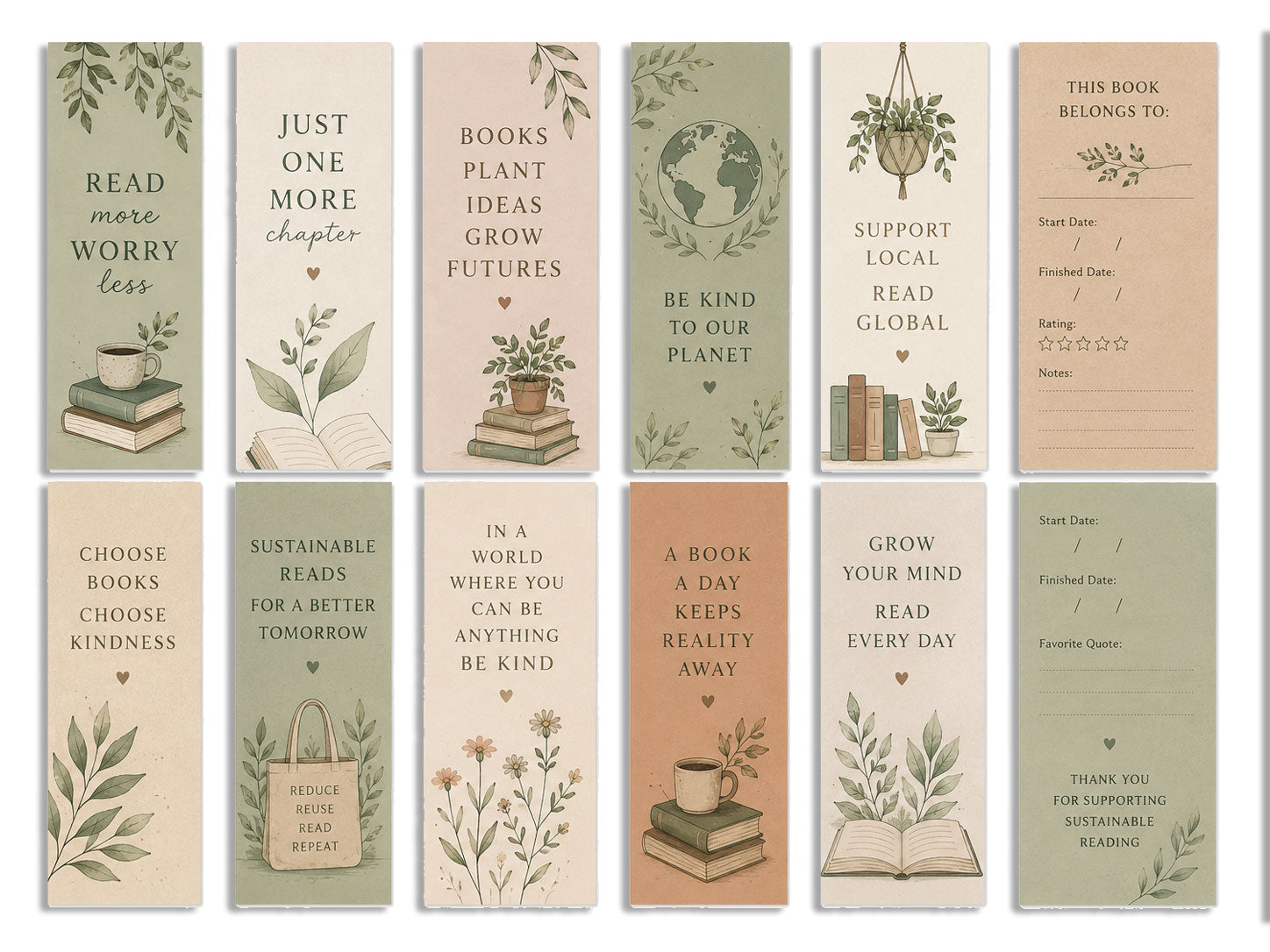 Twelve eco friendly bookmark designs in muted greens and neutrals, printed on recycled board