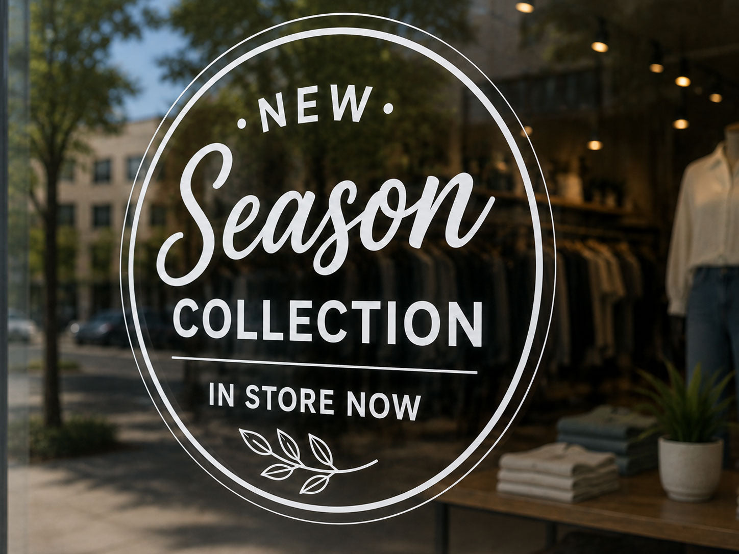 White New Season Collection decal applied to a clothing boutique window, with the shop floor visible behind