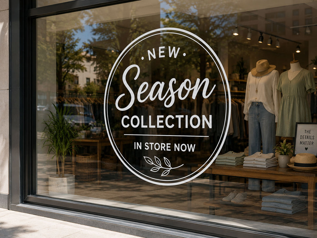 White cut vinyl New Season Collection decal applied to the front window of a clothing boutique