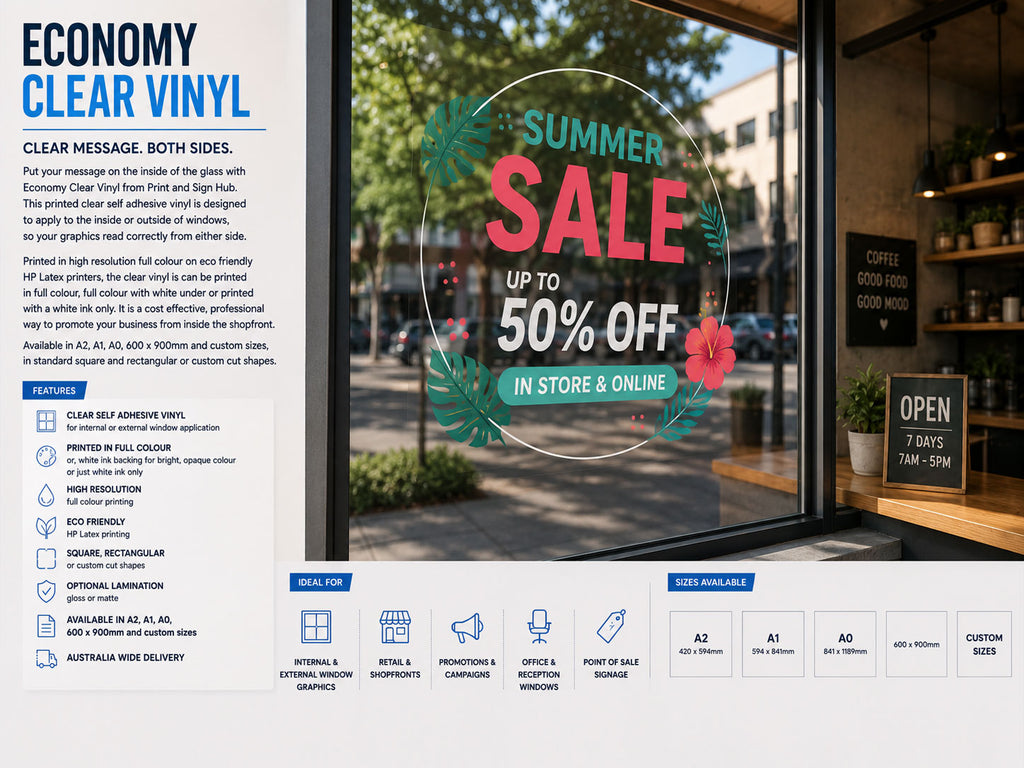 Clear self adhesive vinyl decal on a cafe window showing a Summer Sale design, with features and sizes listed alongside