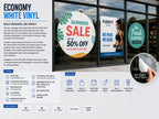White self adhesive vinyl graphics across a gym and cafe shopfront, with features and available sizes listed alongside
