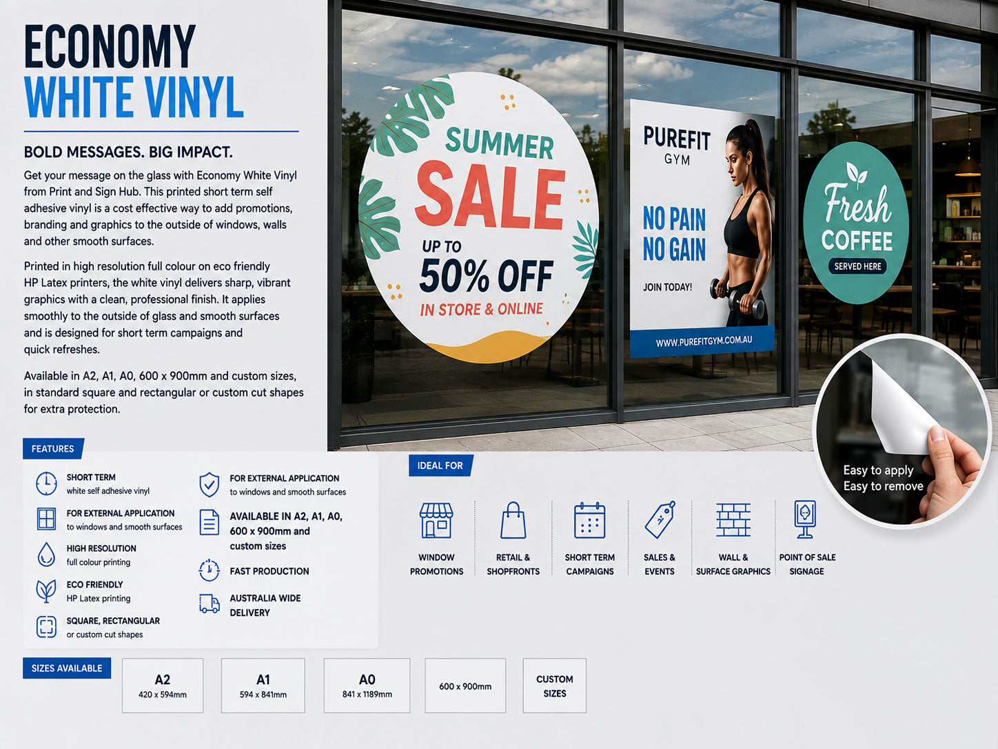 White self adhesive vinyl graphics across a gym and cafe shopfront, with features and available sizes listed alongside